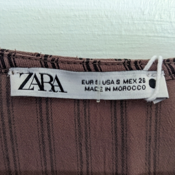 ZARA RUSHED BOHO RUFFLED SHORT SLEEVES BROWN VERTICAL STRIPED MIDI DRESS… - Picture 8 of 16